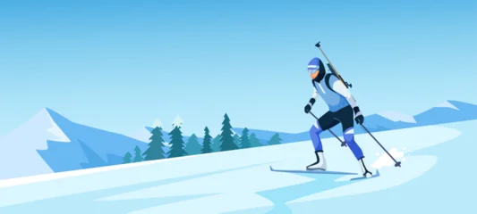 Fotobehang Lichtblauw Male skier in biathlon gear skiing across snowy terrain with rifle on back, flat graphic style, blue mountain forest background. Winter sport concept. Vector illustration  © GN.STUDIO