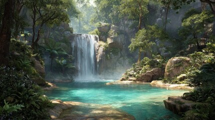 Fototapeta premium A magnificent waterfall cascading into a crystal-clear pool in a lush tropical rainforest, with sunlight filtering through the canopy.