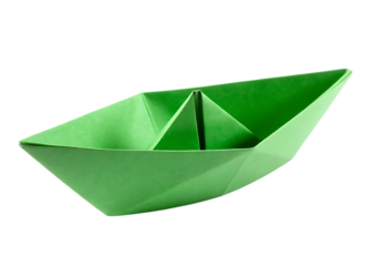 Green paper boat origami isolated on a transparent background folded
