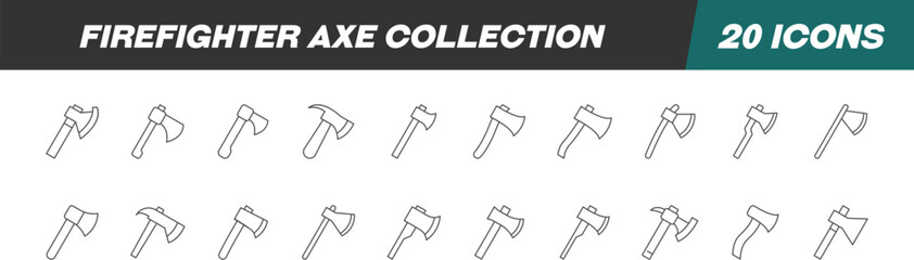 Collection of Signs of firefighter axe. Suitable for books, stores, shops. Editable stroke in minimalistic outline style. Symbol for design