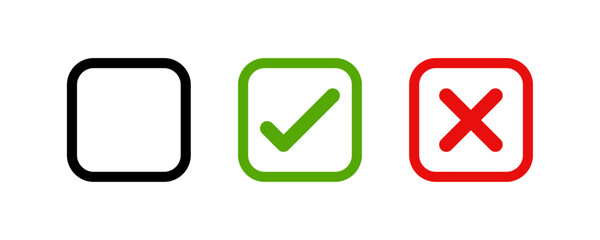 Empty checkbox, green check mark, and red cross for use in forms, interfaces, task management, voting, or approval status indicators