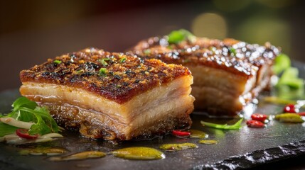 A plate of golden, crispy pork belly, glistening with fish sauce, placed on a stone surface with a slight drizzle of sauce around the edges, accented by soft lighting