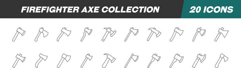 Collection of Line Icons of firefighter axe for Adverts. Suitable for books, stores, shops. Editable stroke in minimalistic outline style. Symbol for design