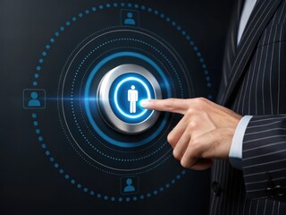 Businessman presses glowing human icon on futuristic digital interface