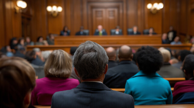 The back of an audience is shown, facing a blurred panel of speakers or judges in a formal courtroom or assembly hall.
