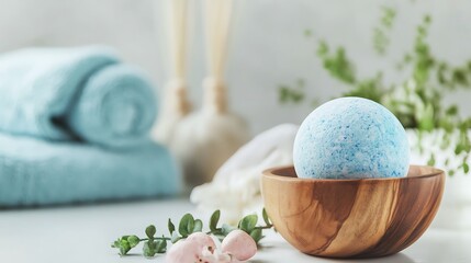 Serene spa experience with blue bath bomb and rolled towels