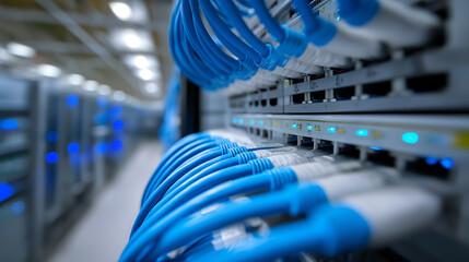 Rows of blue Ethernet cables are neatly plugged into a server rack with blinking lights in a data center.
