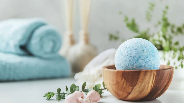 Serene spa experience with blue bath bomb and rolled towels