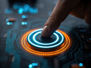 Finger presses glowing futuristic button on circuit board with blue and orange lights