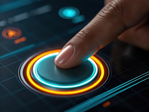 Finger pressing a glowing futuristic button on a digital interface with neon rings