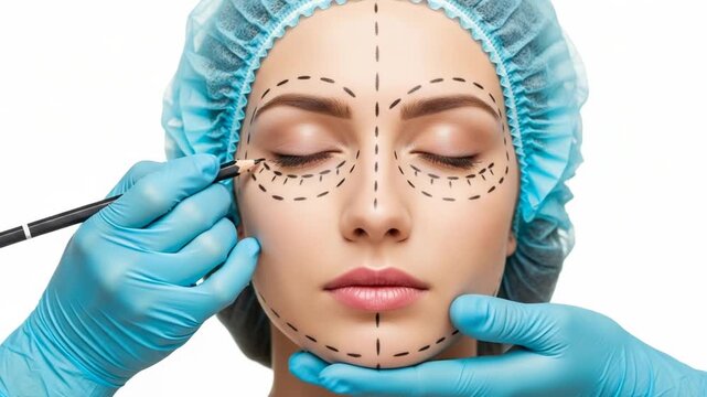 A surgeon in blue gloves marks a womans face with a pencil, preparing for cosmetic surgery