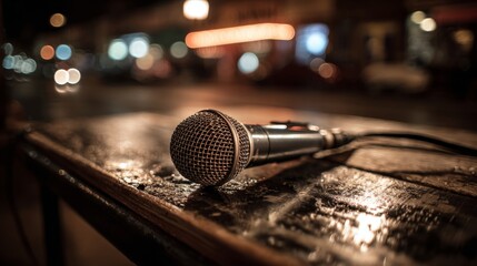 Obraz premium A professional microphone setup for a live performance, with stage lights creating dramatic shadows and reflections on the metal surface.