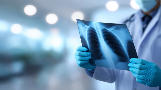 A medical professional in scrubs, mask, and gloves examines a chest X-ray in a clinical setting.

