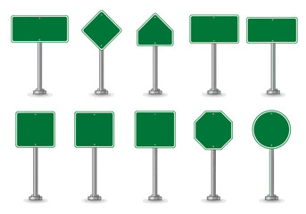 Illustration of ten green road signs with different shapes on metal poles against a white background