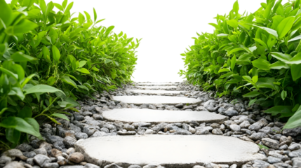 Stone path in the garden with a fence made of grass, isolated on a transparent background.