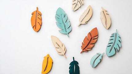Colorful wooden feather decorations scattered on a white background