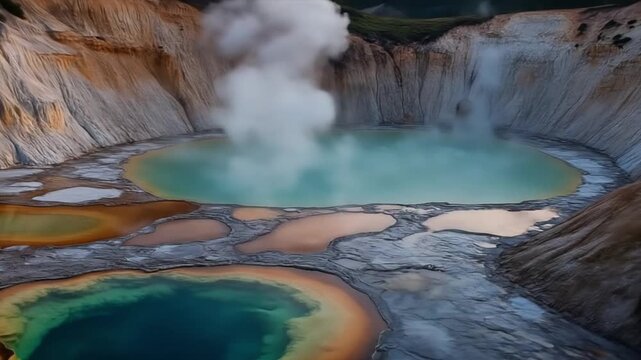Colorful geothermal hot spring with vibrant mineral pools and steam at sunset in dramatic volcanic landscape