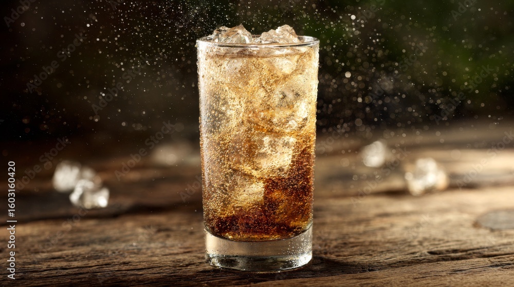 Aufkleber a refreshing shot of a cold soda with ice cubes, the liquid fizzing and sparkling, placed on a rusti