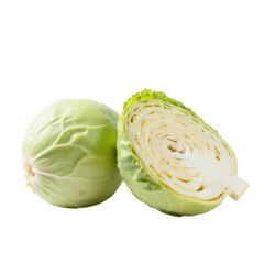 Fototapeta premium Fresh green cabbage, one whole and the other sliced in half, are displayed on a white background, showing the vegetable's crisp texture and natural color.