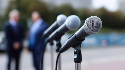 A row of professional microphones stands ready in a formal room with red carpeting, suggesting a press conference or event.
