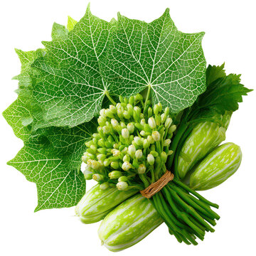 A vibrant arrangement displays fresh green pointed gourd vegetables with delicate white flower buds and detailed leaves, bundled together on a white background.