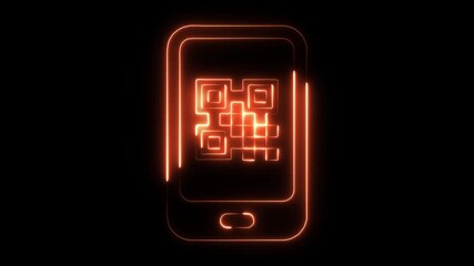 Glowing orange neon smartphone displaying a digital Q R code interface with a dark background representing technology - Powered by Adobe