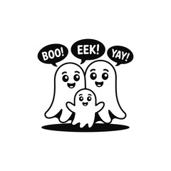 Cute Ghost Family with Halloween Greetings.A black and white illustration of a ghost family – two adult ghosts and a baby ghost – exchanging Halloween greetings (Boo!, Eek!, Yay!).