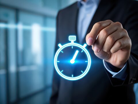 Businessman holding a glowing stopwatch symbolizing time management and efficiency