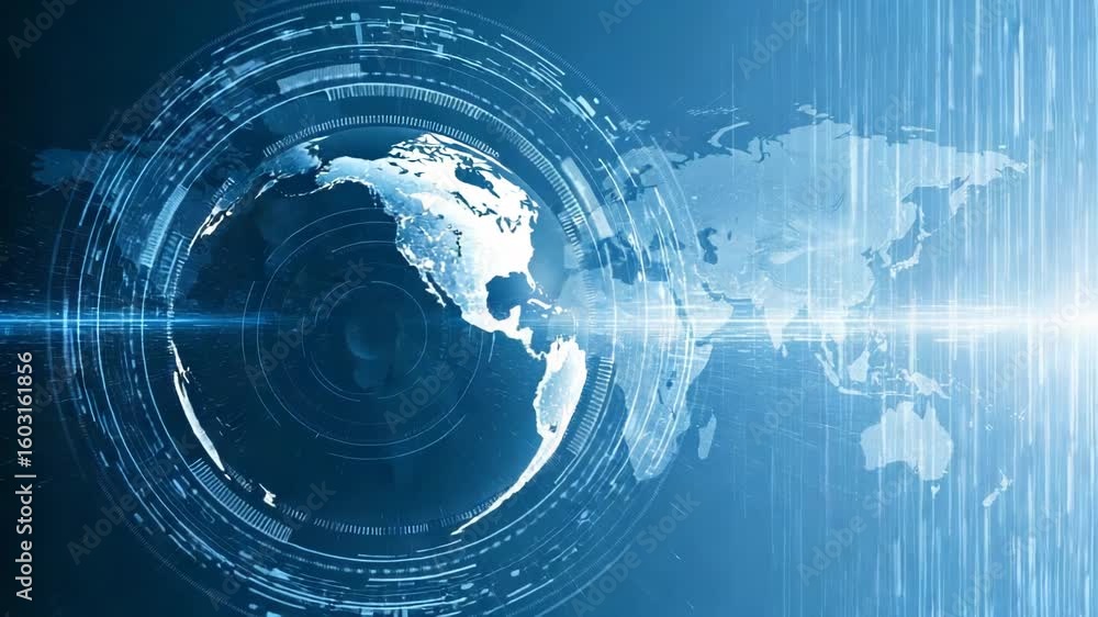 Poster a glowing digital globe with a world map overlay and futuristic circular interface, symbolizing glob