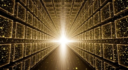 Obraz premium Futuristic Data Center Tunnel with Bright Light and Floating Gold Particles
