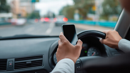 A young man is distracted by his smartphone while driving a car, with the road ahead blurred.

