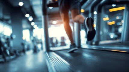 A person running on a treadmill in a modern gym, with blurred background emphasizing motion and fitness.