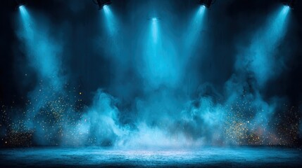 Naklejka premium Blue stage lighting with illuminated smoke and glitter.