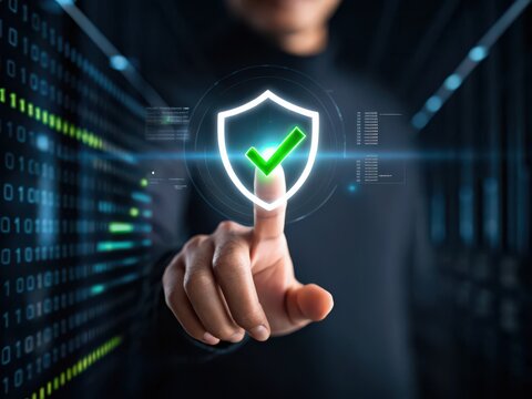 Digital security shield with checkmark activated by fingerprint scan