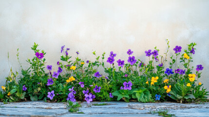 Obraz premium Blooming purple and yellow flowers growing vibrantly between stone path and wall, creating serene and colorful outdoor scene