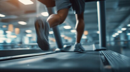 Fototapeta premium A person running on a treadmill in a modern gym, with blurred background emphasizing motion and fitness.