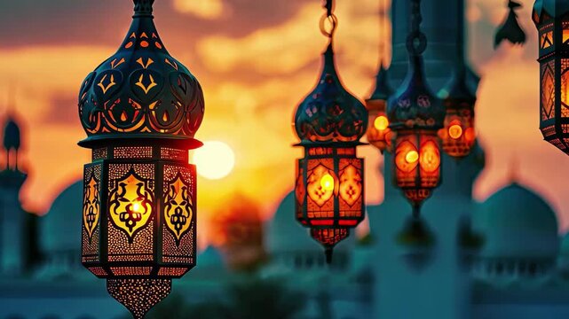 Beautiful lanterns glowing at sunset against a stunning backdrop of domes and architecture in an enchanting location