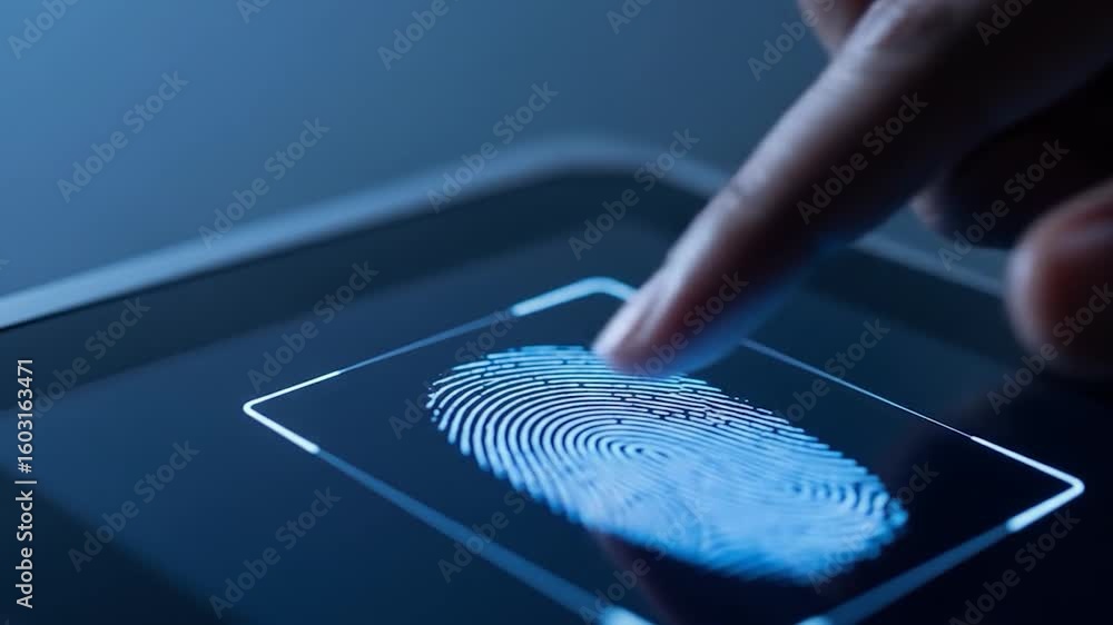Poster fingerprint scan on tablet: biometric security verification process in action