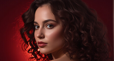 Fototapeta premium Sophisticated profile portrait of a woman with warm brown skin, curly dark brown hair, subtle red lipstick and soft warm lighting against a deep red background