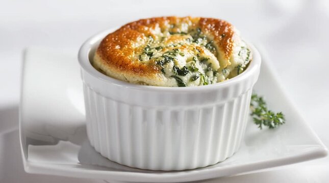 Fluffy baked souffl&eacute; with spinach, served in a white ramekin on a square plate, garnished with herbs.