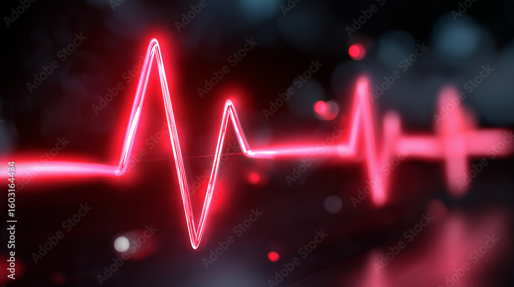 Poster glowing red heartbeat line on a dark reflective surface with hexagonal shapes in the background, sym