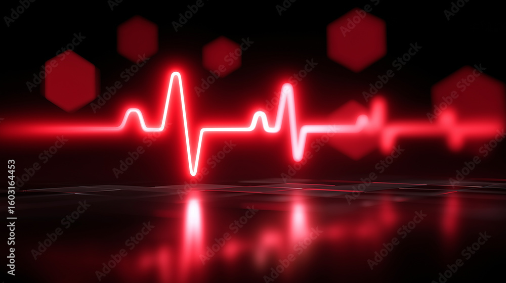 Aufkleber glowing red heartbeat line on a dark reflective surface with hexagonal shapes in the background, sym