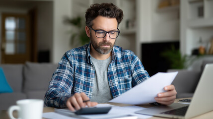 Worried man reviewing documents at home while working remotely on a laptop, reflecting stress or financial concerns.
