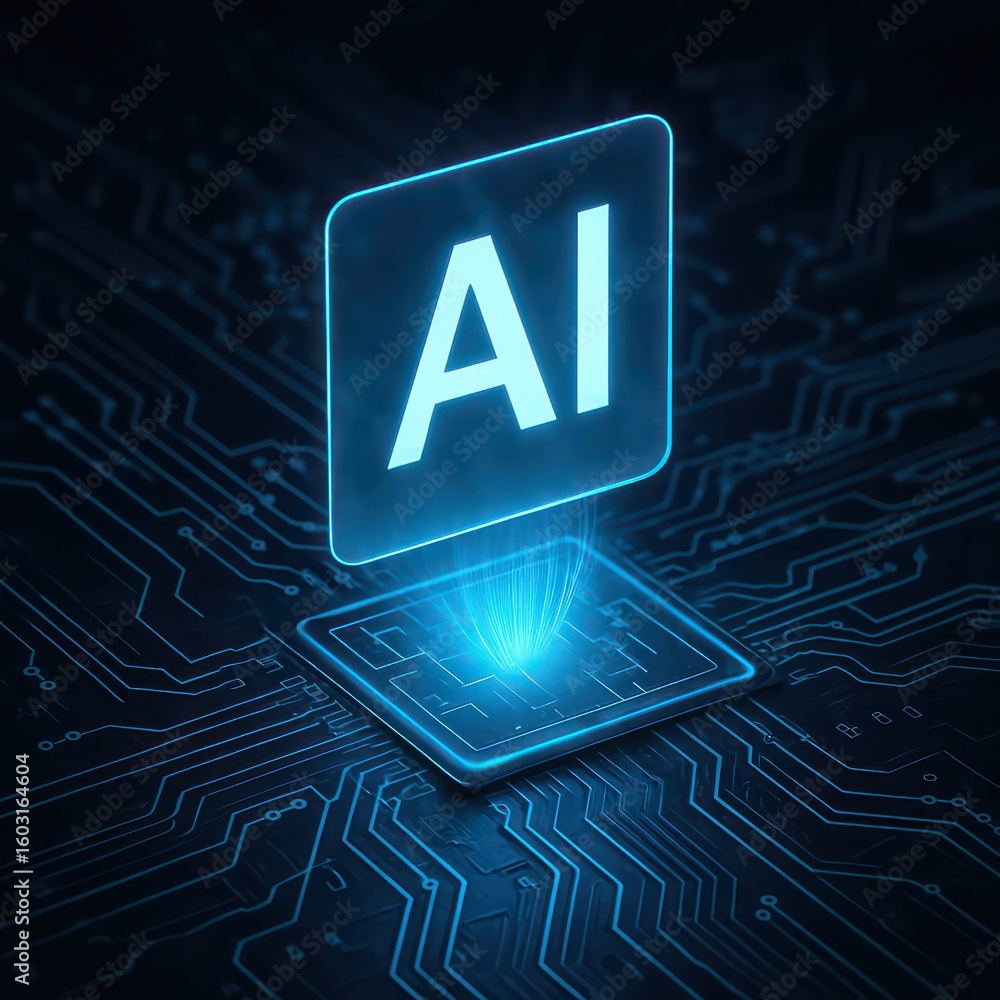 Poster a digital representation of ai glows brightly, superimposed on a detailed circuit board, representin