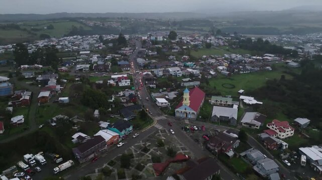 Flyover of UNESCO World Heritage Church of Chonchi Chiloe 