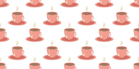 Cozy autumn seamless pattern with cup of tea in flat style. Vector illustration for posters and greeting cards