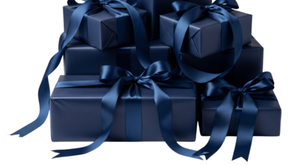 Stack of navy blue gift boxes tied with ribbons isolated PNG with Transparent Background