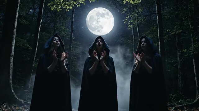 A group of witches performing a silent moonlit ritual with chanting and hand gestures under a full moon in the woods.