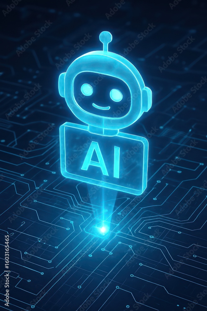 Poster a futuristic ai bot, glowing with an alluring blue hue, is digitally rendered upon an intricate circ