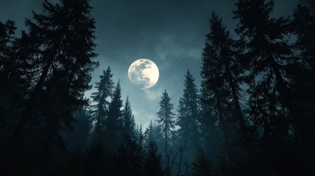 High-quality photo of dark forest with a full moon in the sky.